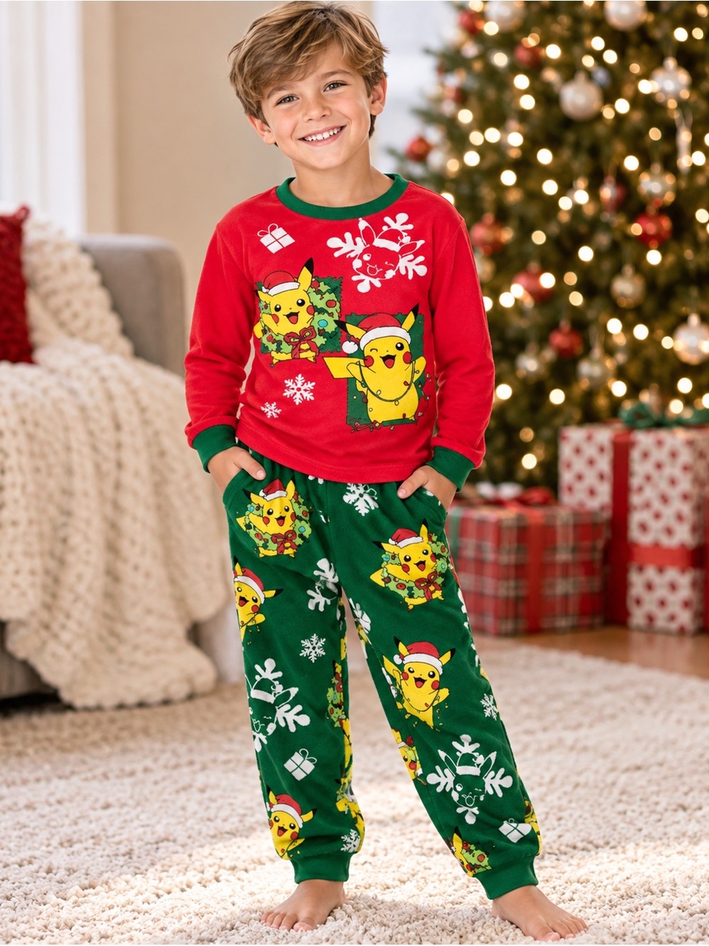 Pokemon Red Top and Green Pikachu Holiday Pajama Set